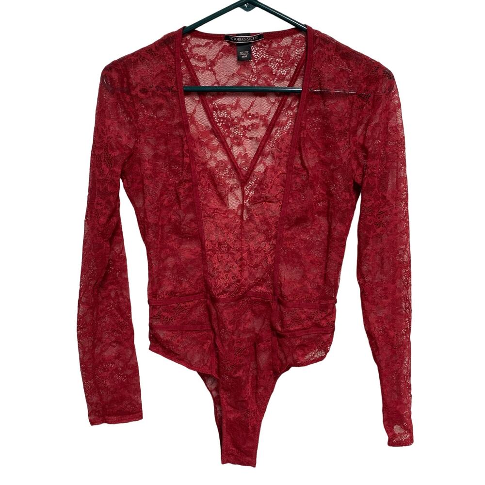 Victoria’s Secret Women’s Red Long Sleeve Lace Plunge Lingerie One Piece Size M